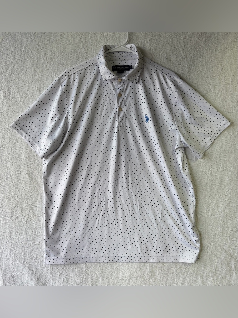 U.S. Polo Assn. White Polo with Black/Blue Micro Dot and Blue Logo
